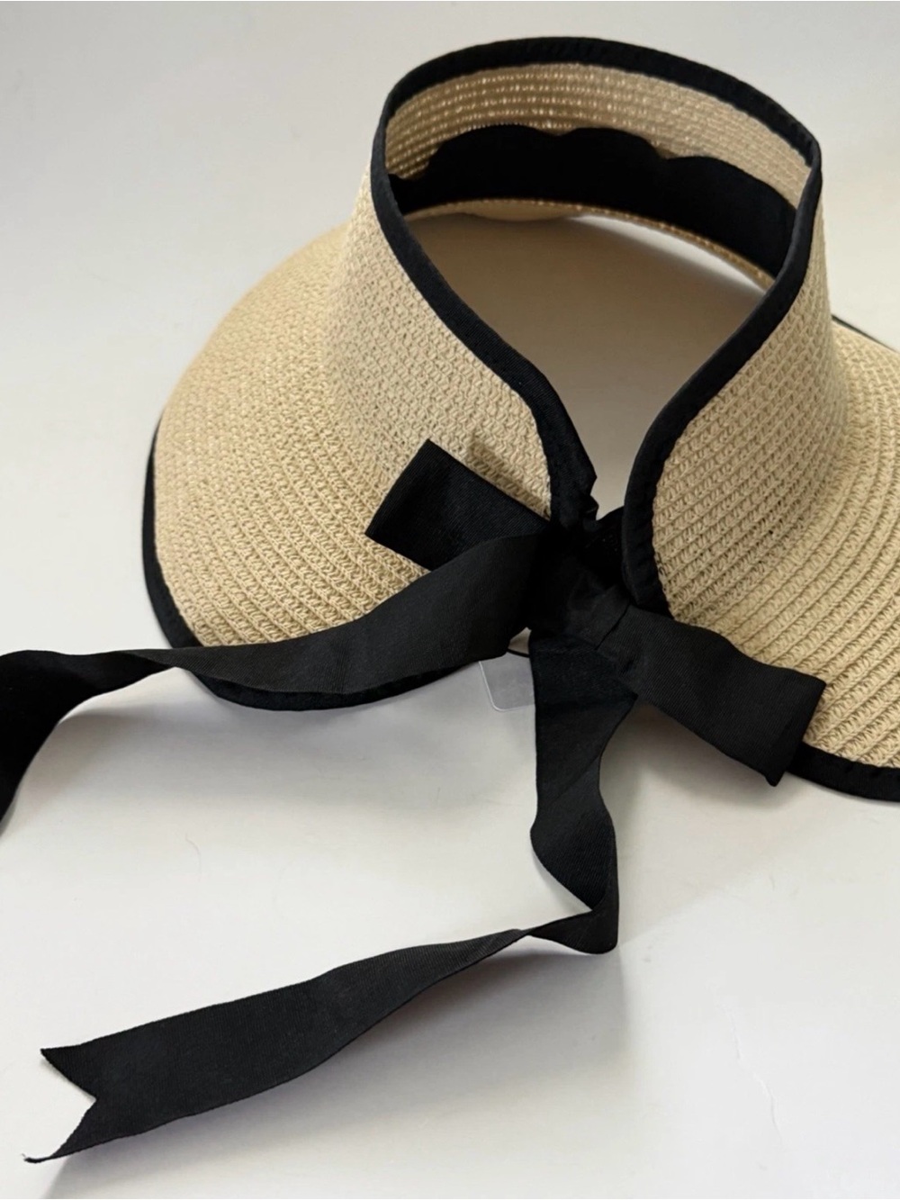 Serra Wide Brim Visor Beach Hat Beige Black Bow Women's Paper Polyester One Size - Picture 6 of 9